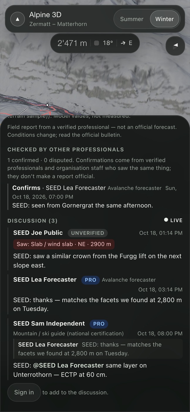 A field report on a phone, with confirmations from other professionals and a live discussion