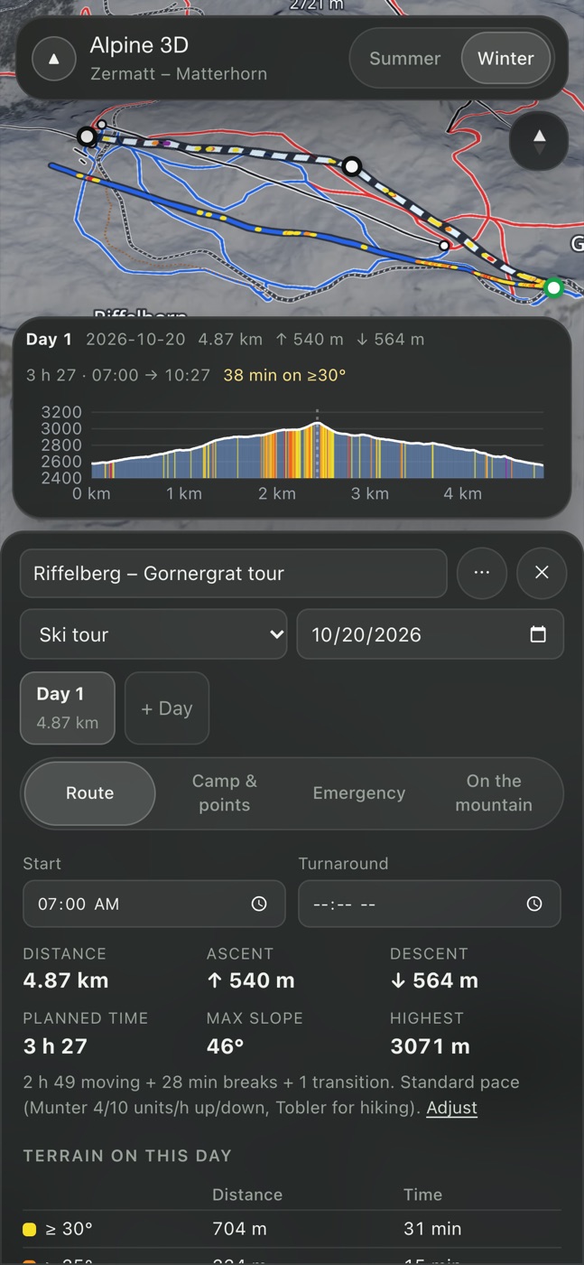 The trip planner on a phone: day profile, ski tour settings and stats